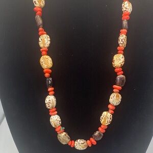 Handcrafted Folk Art Coffee Bean Seed Pod Coral Bead Necklace